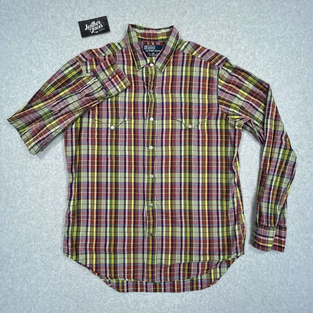 Vintage Polo Ralph Lauren RL Western Shirt Mens Medium M Plaid Metal Snap Cowboy